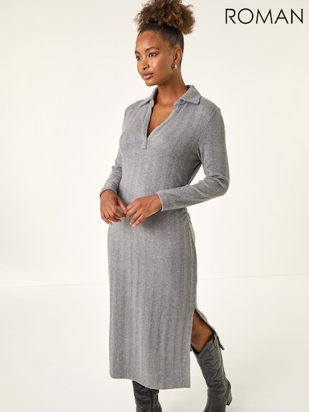 Roman Grey Collar Ribbed Knit Midi Dress (G13870) | €58