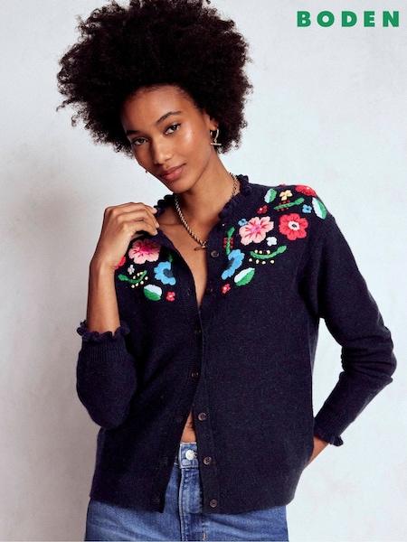 Boden Blue Tall Embroidered Frill Cardigan (G13892) | R$ 1.375