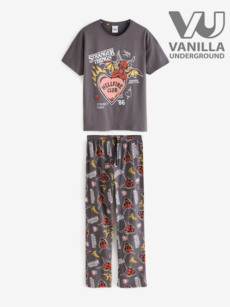 Vanilla Underground Grey Stranger Things Hellfire Club 100% Cotton Short Sleeve Long Leg Pyjamas Set (G14243) | €35
