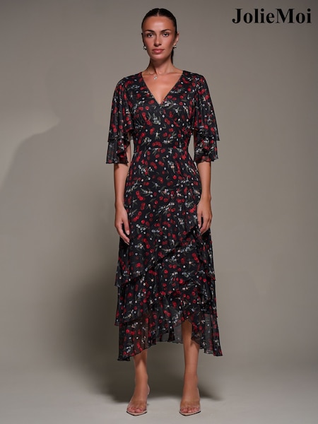 Jolie Moi Black Frill Trim Mesh Maxi Dress (G14343) | €117