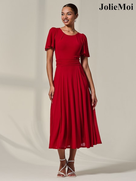 Jolie Moi Red Mesh Floaty Sleeve Midaxi Dress (G14345) | 297 QAR