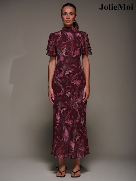 Jolie Moi Red High Neck Angel Sleeve Chiffon Maxi Dress (G14362) | 371 QAR