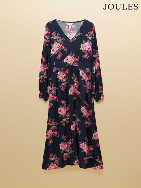 أزرق داكن - Joules Floral Printed Long Sleeve Midi Dress