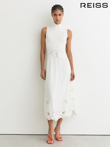 Reiss Ivory Phoenix Knit Woven Midi Dress (G14543) | AED1,786