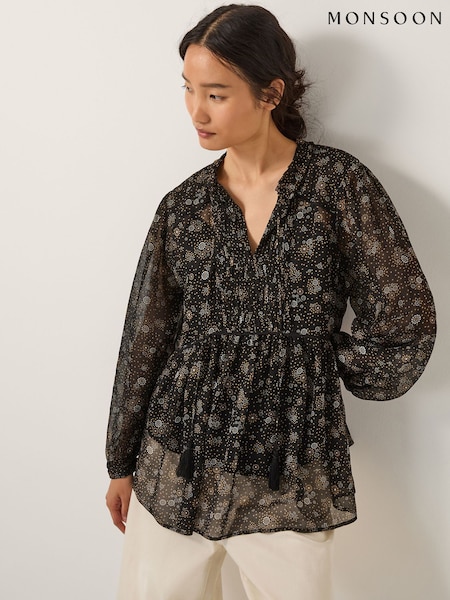 Monsoon Black Clara Dotwork Print Blouse (G14608) | R$ 640