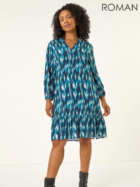 Roman Blue Petite Ikat Print Tiered Hem Dress (G14661) | €67