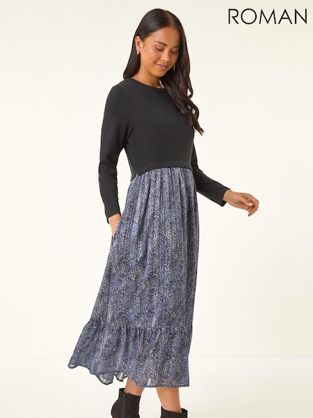 Roman Black Petite Contrast Tiered Midi Dress (G14670) | €73