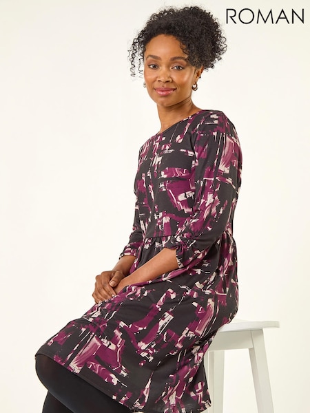 Roman Purple Petite Abstract Gathered Stretch Dress (G14674) | €48