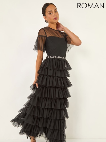 Roman Black Petite Embellished Mesh Tiered Dress (G14678) | €119