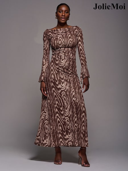 Jolie Moi Brown Long Sleeve Slash Neck Maxi Dress (G14936) | AED437
