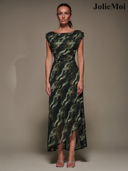 Jolie Moi Green Asymmetric Draped Mesh Maxi Dress (G14938) | €103