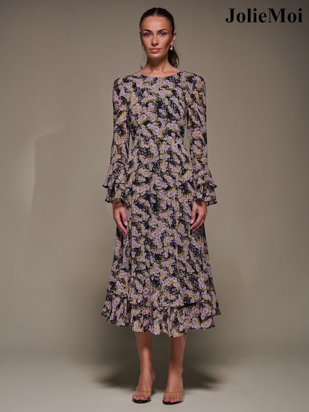 Jolie Moi Purple Long Sleeve Chiffon Print Frill Midaxi Dress (G14939) | €110