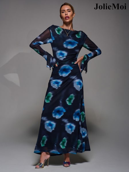 Jolie Moi Chrome Black Long Sleeve Slash Neck Maxi Dress (G14941) | €99