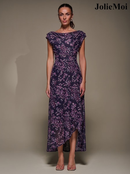 Vijolična - Jolie Moi Asymmetric Draped Mesh Maxi Dress (G14943) | € 103
