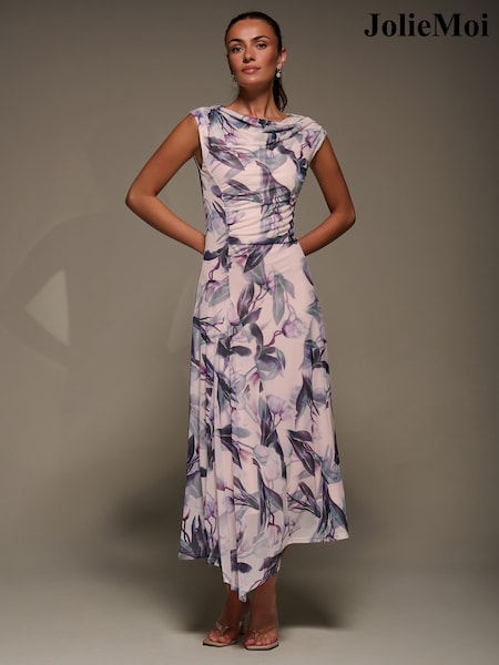 Naravni - Jolie Moi Slash Neck Ruched Mesh Maxi Dress (G14945) | € 99