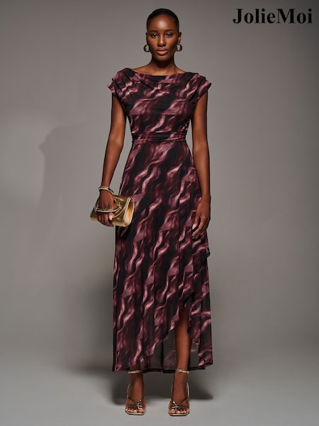 rožnata - Jolie Moi Asymmetric Draped Mesh Maxi Dress (G14948) | € 103