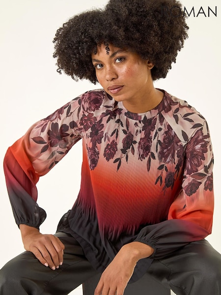 Roman Orange Floral Placement Pleated Tunic Top (G14949) | €53