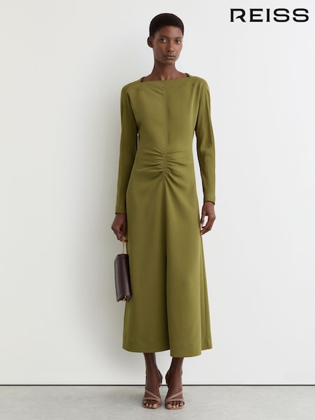 Reiss Chartreuse Green Adriana Ruched Long-Sleeve Midi Dress (G15156) | SGD 634