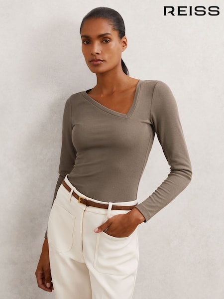 Reiss Taupe Neutral Felicity Stretch-Cotton Asymmetric-Neck Top (G15171) | €70