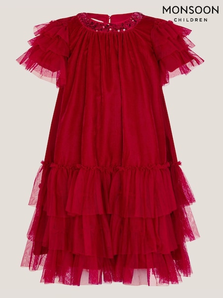 Monsoon Red Alexandra Velvet Ruffle Party Dress (G15616) | €51 - €56