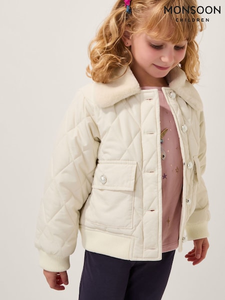 Monsoon Cream Faux Fur Collar Quilted Bomber Jacket (G15627) | €64 - €78