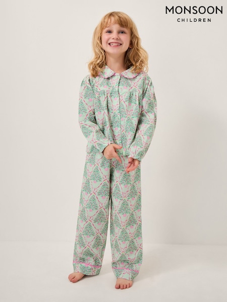 Monsoon Green Christmas Tree Print Long Pyjamas Set (G15632) | 129 QAR - 148 QAR