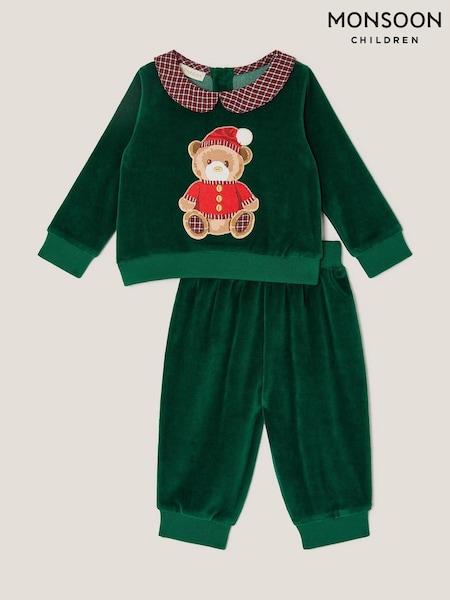 Monsoon Green Newborn Bear Velour Sweatshirt & Joggers Set (G15639) | AED199