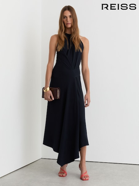 Reiss Navy Maeve Drape-Detail Sleeveless Midi Dress (G15761) | AED1,296
