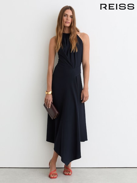 Reiss Navy Maeve Petite Drape-Detail Sleeveless Midi Dress (G15771) | AED1,296