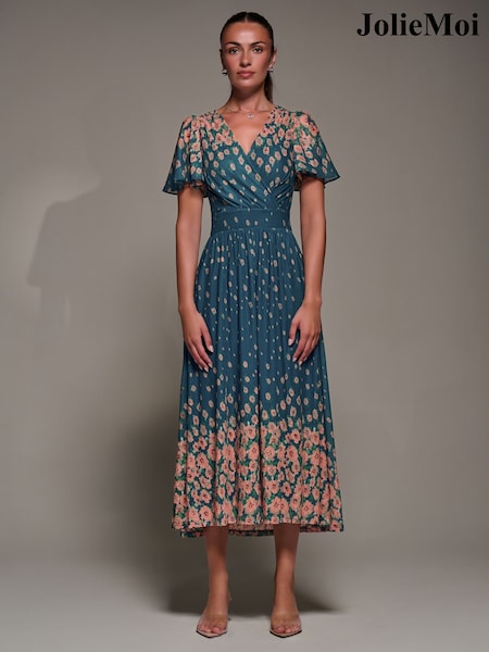 Jolie Moi Blue Mirrored Mesh Short Sleeve Midaxi Dress (G15799) | 440 QAR