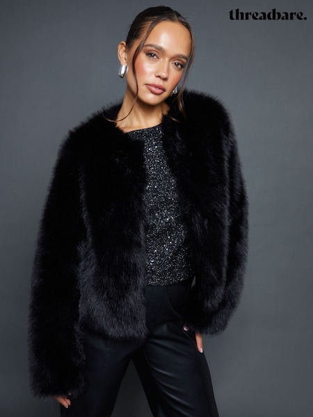 Threadbare Black Collarless Faux Fur Coat (G16104) | €95