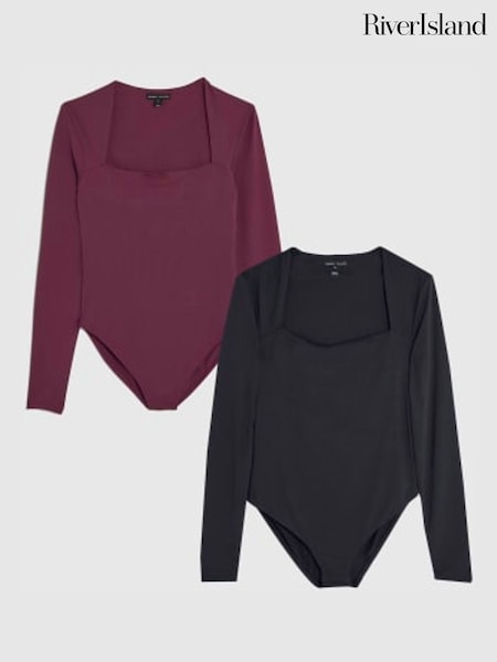 River Island Black Long Sleeve Square Neck Polyamide Bodies 2 Pack (G16173) | €65