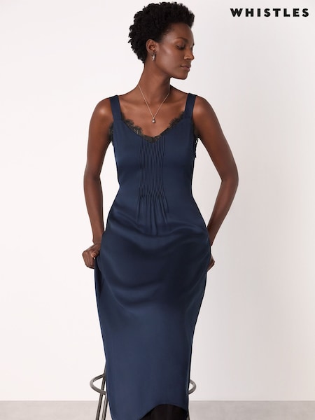 Whistles Blue Crepe Lace Trim Cami Dress (G16357) | AED1,042
