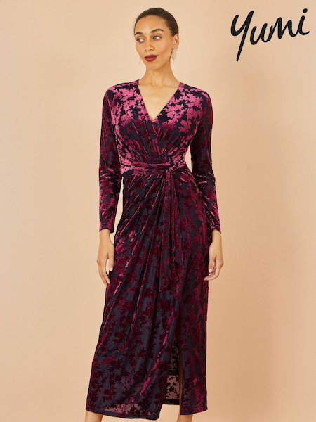 Yumi Red Velour Stretch Midi Dress With Long Sleeves (G16566) | €102