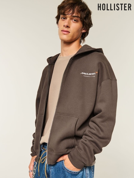 Hollister McLaren Back Print Graphic Zip Through Brown Hoodie (G16582) | €66.50