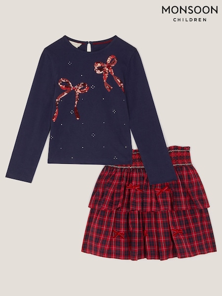Monsoon Red Bow Embellished Top & Tartan Skirt Set (G16716) | AED270 - AED305