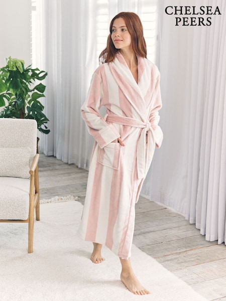 Chelsea Peers White Fleece Stripe Dressing Gown - Dusky Pink (G16742) | €79