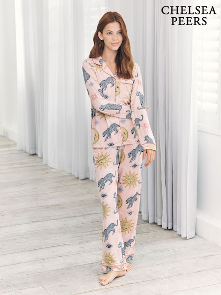 Chelsea Peers Pink Celestial Leopard Print Button Up Long Pyjamas Set (G16746) | R$ 445