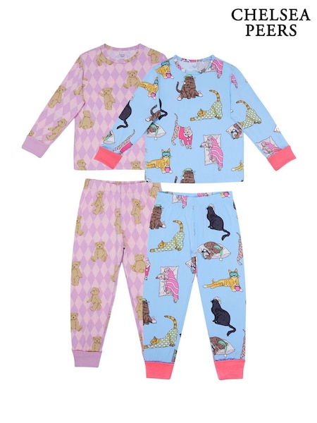 Chelsea Peers Kids 2 Pack Argyle Bear Sleepy Cats Print Long Pyjama Set (G16760) | ‏175 د.إ.‏