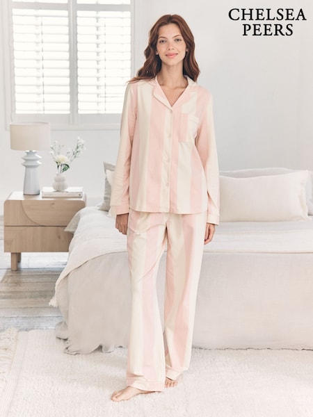 Chelsea Peers White Stripe Long Pyjamas Set - Dusky Pink (G16764) | R$ 545