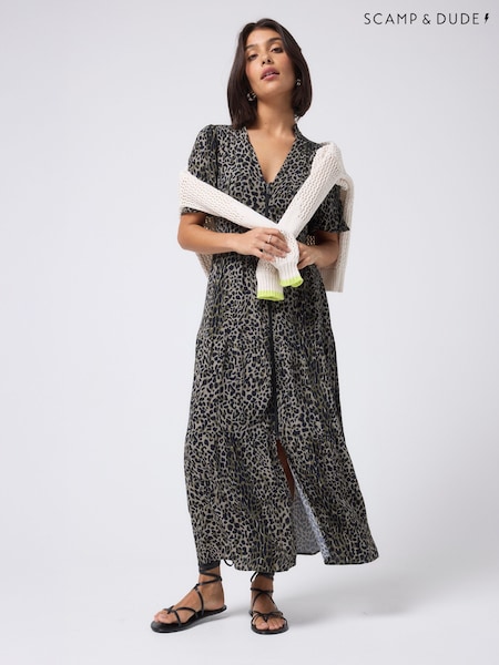 SCAMP & DUDE Brown Zip Front Midi Tiered Dress with Wild Leopard and Lightning Bolt (G16809) | R$ 1.185