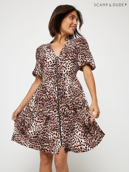 SCAMP & DUDE Natural Zip Front Short Tiered Dress with Cheetah Leopard and Lightning Bolt (G16813) | R$ 980