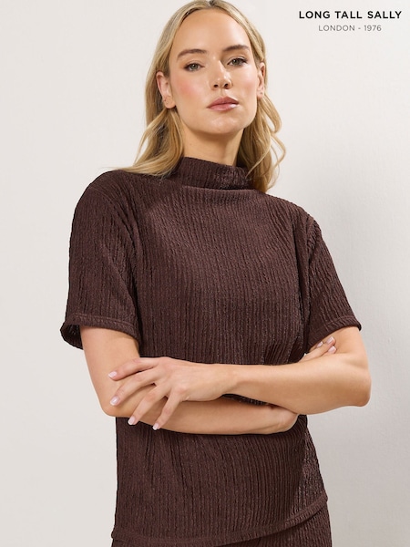 Long Tall Sally Brown Textured Funnel Neck Top (G16958) | AED163