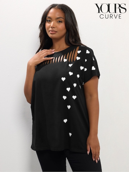 Yours Curve Black Printed Heart Slash Top (G16971) | R$ 215