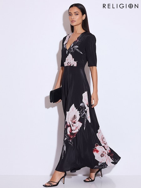 Religion Rose Pink Short Sleeved Diana Maxi Tea Dress With Large Rose Placement Print In Cupro (G18030) | €173