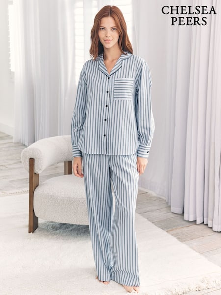 Chelsea Peers Blue Sateen Stripe Long Pyjamas Set (G18154) | 307 QAR