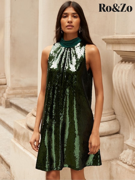 Ro&Zo Green Petite Freya Sequin Halter Neck Dress (G18206) | €164