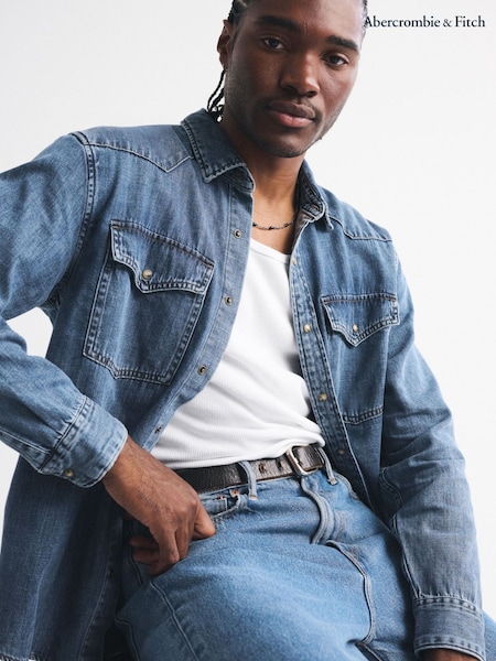 Abercrombie & Fitch Blue Long Sleeve Curved Hem Denim Shirt (G18597) | €86