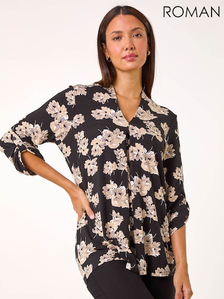 Roman Floral V-Neck Pleat Front Stretch Tunic Top (G19160) | € 53