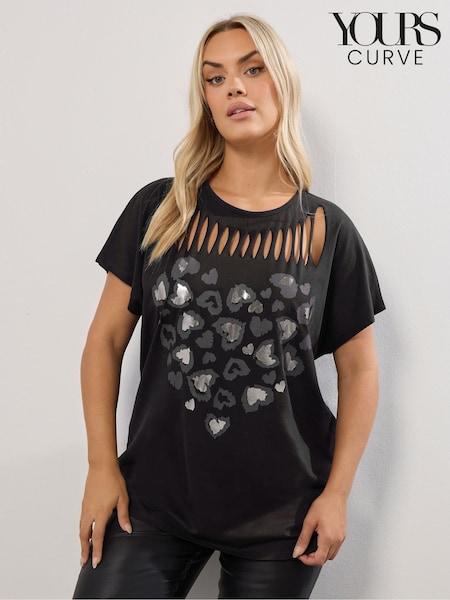 Yours Curve Black Logo Slash Detail Top (G19184) | €28